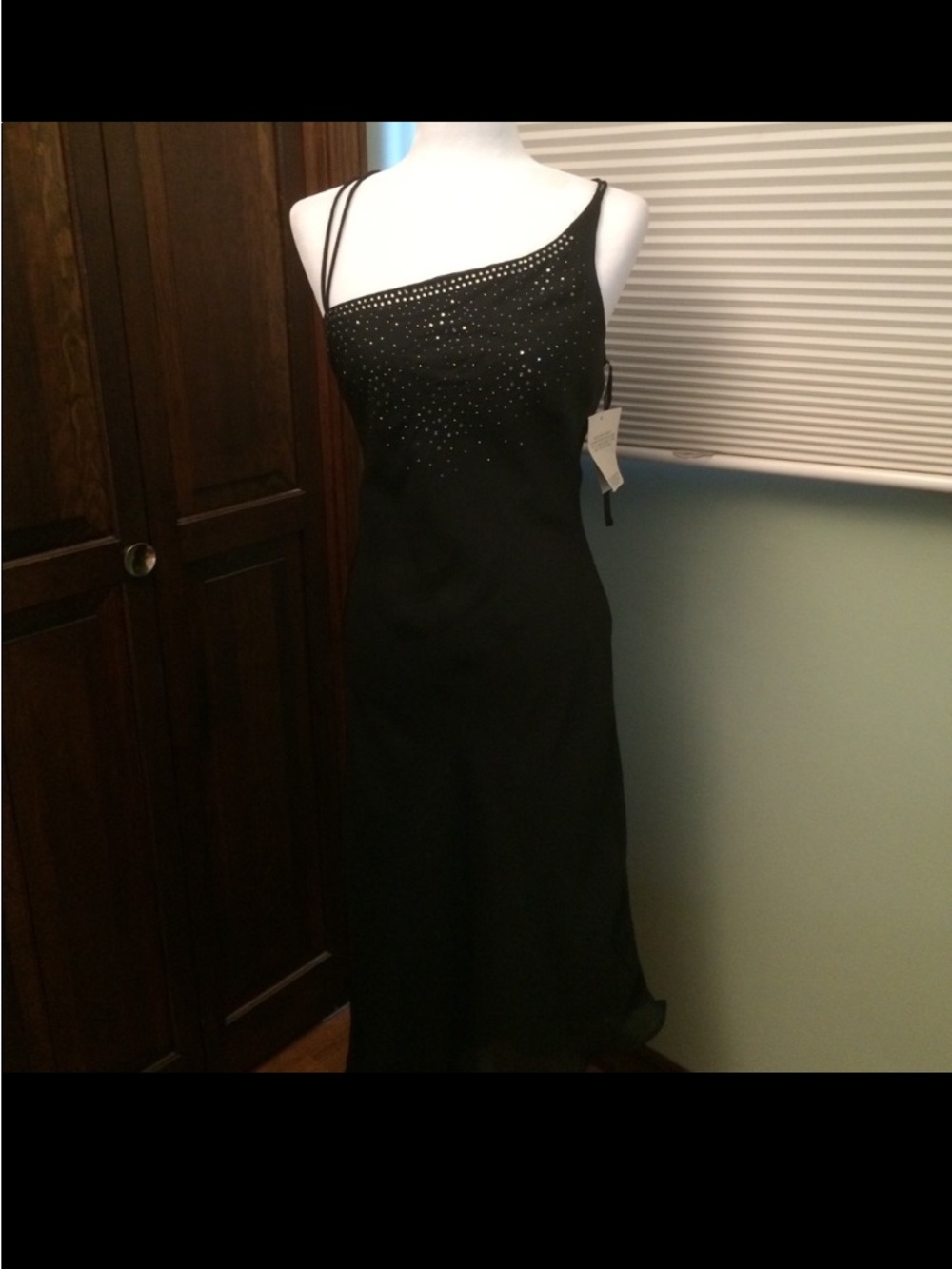 New CDC Black Maxi Slip Bias hem Dress with Crystal Accents